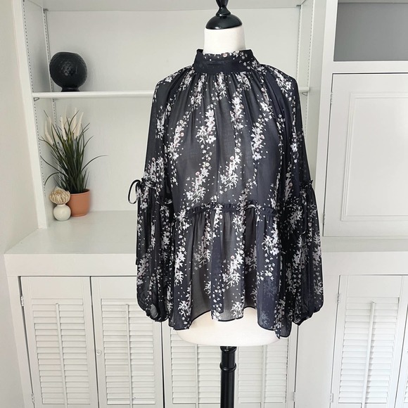 All Saints Tops - AllSaints Floral Chiffon Sheer Black Tie Neck Peasant Blouse Size 6